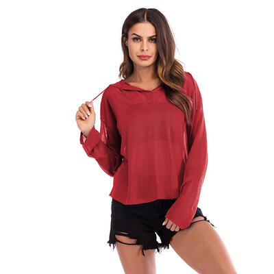 

Solid Color Ice Silk Knitting Hooded Tops Women Long Sleeve Thin Hoodie