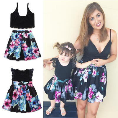 

Mother&Daughter Casual Summer T-shirt Skirt Tulle Dress Matching Outfits Set