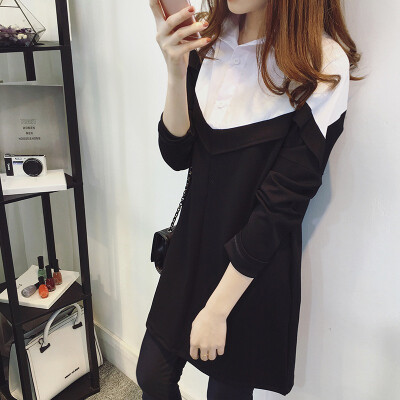 

Women College Wind Lapel Sleeve Stitching Solid Color Loose Tops Versatile Mid-length Blouse