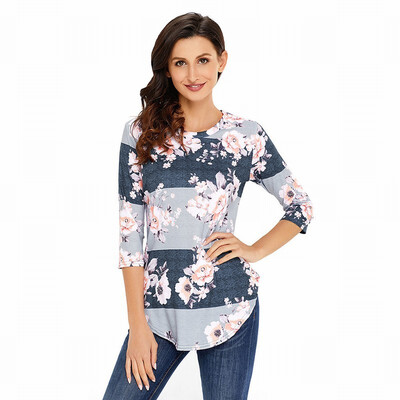 

Round neck seven-point sleeve wave point blue strip shirt retro straight top