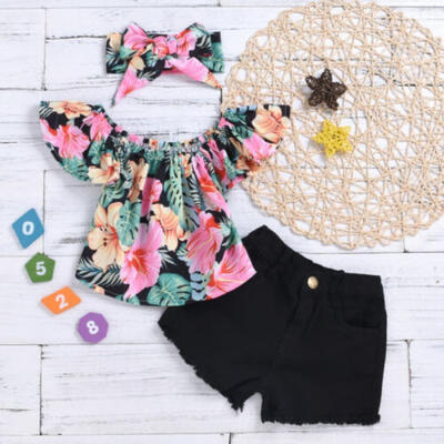 

Toddler Kid Girl 3PCS Summer Outfit Set Floral Top Denim Shorts Headband Sunsuit