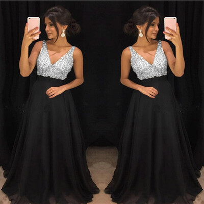 

〖Follure〗Womens Sexy Solid Color Sleeveless V-Neck Sling Sequin Long Full Dress