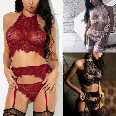 

Sexy Womens Lace Bra Garter Belt G-String Thong Nightgown Sleepwear Set Lingerie