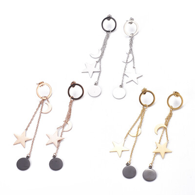 

304 Stainless Steel Dangle Stud Earrings Moon with Star&Flat Round Mixed Color 92mm Pin 07mm