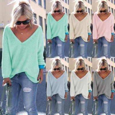 

Women Long Sleeve V Neck Loose Knitted Sweater Shirt Ladies Casual Jumper Blouse
