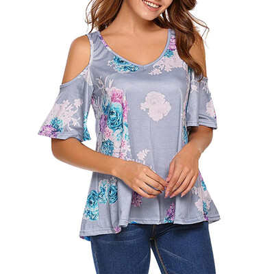 

Starmoon Womens Floral Print Cut Out Shoulder Short Sleeve T Shirt Tops Blouse