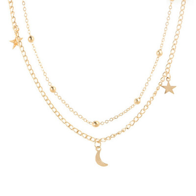 

Women 2 Layer Star Moon Choker Necklace Simple Gold Silver Color Multilayer Necklace For Women