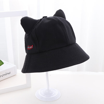 

New Korean spring&autumn womens lovely ears embroidery fashion solid color hat tide sun shading fisherman hat basin hat