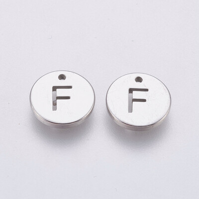

304 Stainless Steel Charms Flat Round with Letter Stainless Steel Color LetterF 10x1mm Hole 1mm