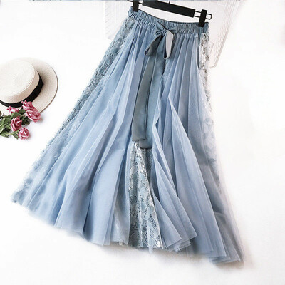 

Lady Lace Floral Mesh A-Line Midi Tulle Layered Fairy Swing Cute Long Skirt