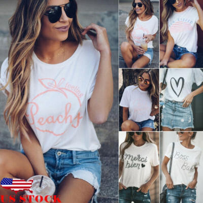 

US Summer Women Casual Short Sleeve Loose T-shirt Letter Print Graphic Tee Tops