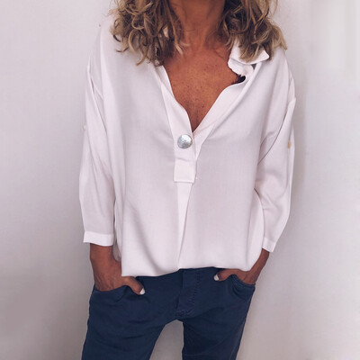 

Womens Tops Solid Color V-Neck Pullover Shirt Casual Loose Long Sleeve Blouse