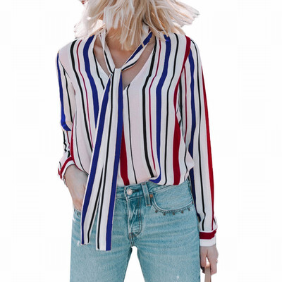 

Womens V-neck long-sleeved tie color striped loose shirt womens