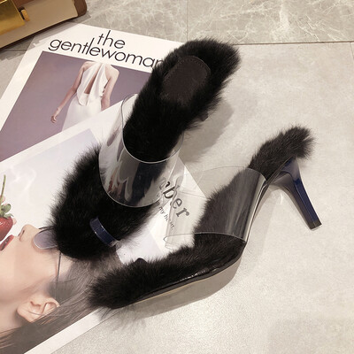 

Fur slippers ladiessummer transparent glue toe-set half-slippers high-heeled slippers ladies shoes autumn