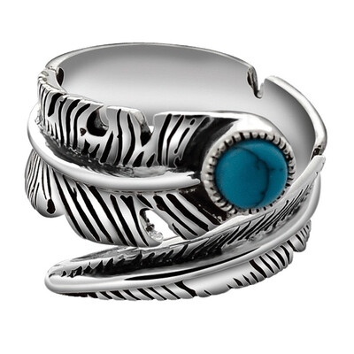 

Natural Vintage Turquoise Feather Rings Solid 925 Sterling Silver Open Rings For Jewelry Lovers Ring