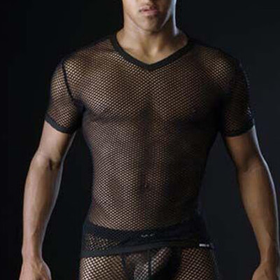 

Mens Hollow Out Mesh Tops Slim Fit Transparent Shirts V Neck Clubwear T-shirts