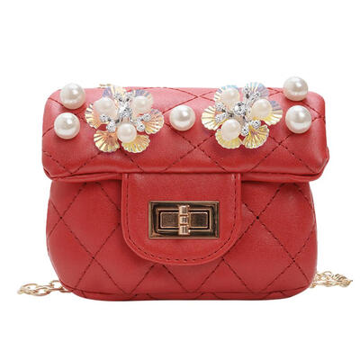 

PU Leather Diamond Pattern Kids Girls Messenger Shoulder Bags Pearl Flowers