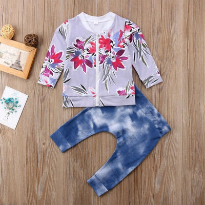 

2Pcs Newborn baby Kids Girl Outfits Clothes Floral TopsDestroyed Denim Jeans