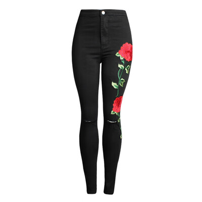 

New Women Vintage Embroider Flowers jeans Sexy Ripped Pencil Stretch Denim Pants Female Slim Skinny Trousers Jeans