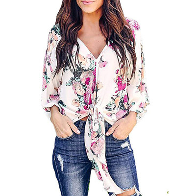 

Starmoon Womens Floral Printed Short Sleeve Deep V Neck Tie Front Flare Tops Blouses