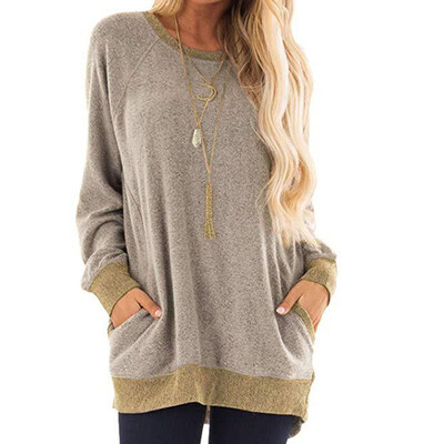 

2019 Autumn Winter Fashion Women O-neck Long sleeves Contrast color Pocket Casual Loose T-shirt