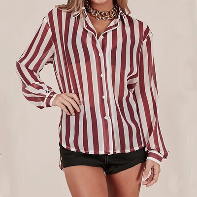 

Nomeni Women Stand Collar Loose Stripe Long Sleeves Shirt Tops Blouse