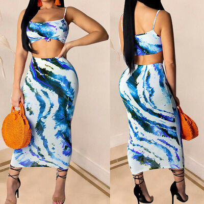 

Womens 2 Piece Bandage Bodycon Two Piece Crop Tops&Skirt Set Lace Up Dress Party
