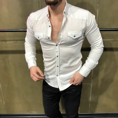 

New Mens Luxury Casual Long Sleeve Dress T Shirts Slim Fit Denim Shirt Tops