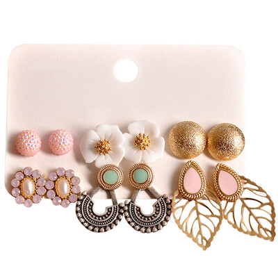 

6pair Bohemia Flower Stone Punk Ethnic Crystal Round Earring Sale Charm