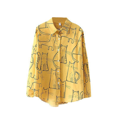 

Women Fashion Turn Down Collar Long Sleeve Shirt Blouse Shirt Cute Cat Print Loose Casual Blosues Cotton Tops Ladies Blusa