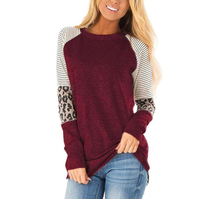 

Fashion Women Autumn Splicing Longline T-Shirt Striped Leopard Print O Neck Long Sleeve Casual Top