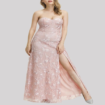 

Solid Sweetheart Slit Full-length Guipure Lacy Backless Overlay Bustier Dress