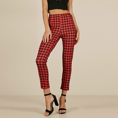 

Womens Plus Size Retro Plaid Bottom Pants Slim Casual Long High Waist Trousers