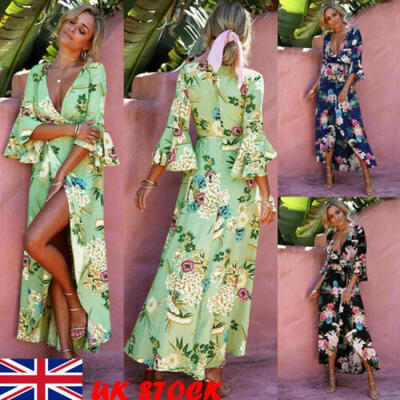 

Womens Holiday Boho Flare Sleeve Ladies Maxi Long Summer Beach Dress Clothes