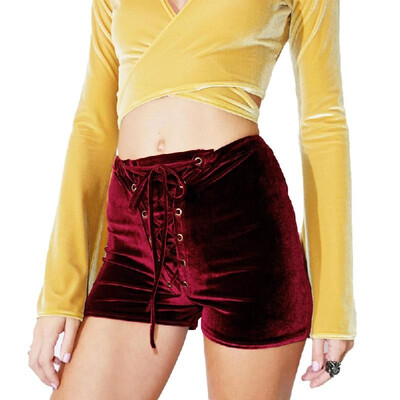 

New Sexy Women High Waist Lace Up Velvet Shorts Bodycon Club Punk Hot Casual Shorts Pants BlackBurgundyOrange