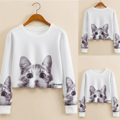 

Starmoon Womens Fashion O- Neck Pullover Cat Print Long Sleeve Sweater Blouse