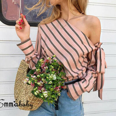 

Women Ladies Striped Off Shoulder Short Sleeve Crop Tops Casual Shirt Blouse