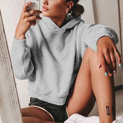 

Autumn Winter Women Casual Loose Short Hooded Sweater Long Sleeved Stylish Tops Solid
