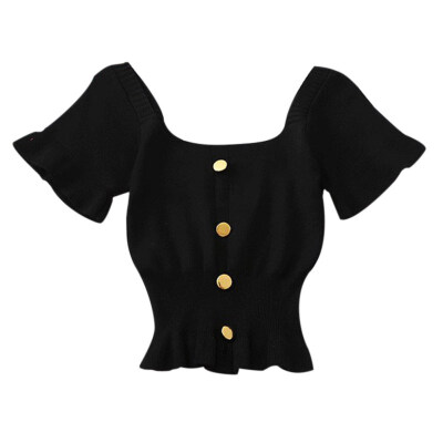 

New T Shirt Women Summer Solid Color Casual Tops Female Square Collar Fashion T-Shirt Knit Button Puff Sleeved Sexy Slim Tops