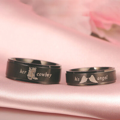 

Stainless Steel Wedding Band Rings Couple Jewelry Letter His Angel Her Cowboy for Women Men