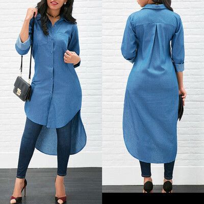 

Womens Blue Jeans Denim T-Shirt Long Sleeve Casual Loose Shirt Jeans