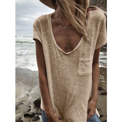 

Starmoon Women Casual Solid Pocket Blouse Short Sleeve Loose Top Shirt Tee