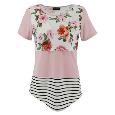 

Women Maternity Fashion Breast-Feeding Floral Printed T-Shirts Pregnant Woman Nursing Lace Short Sleeve Tops