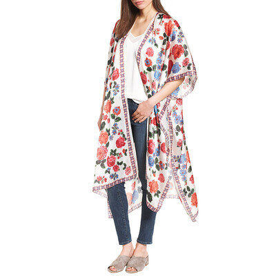 

Women Chiffon Kimono Cardigan Floral Print Split Asymmetric Loose Outerwear Beach Bikini Cover Up White