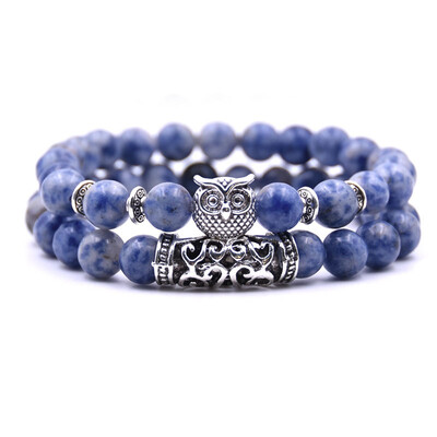 

18 Colors 2PcsSet Owl Lava Stone Bracelet Set Tiger Eye Stone Charm Bracelets Bangles
