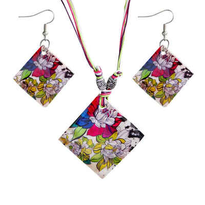 

Delicated Ethnic Style Shell Color Painting Women Necklace Earrings Kit Square Shape Lady Gift Jewelry Set