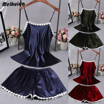 

2pcs Women Sexy Satin Lace Sleepwear Babydoll Lingerie Nightdress Pajamas Set