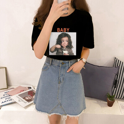 

Womens New Tshirt Round Neck Baby Character & Letters Print Short Sleeve Top Fashion Casual T-Shirt