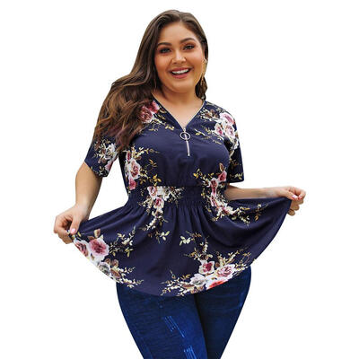 

Floral Print Chiffon Short Sleeve Tunic Blouse Women Slim Tops Plus Size