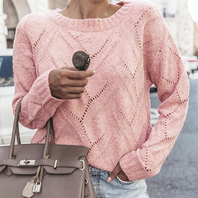 

Women Knitted Sweater Solid Color O Neck Long Sleeves Autumn Winter Knitting Tunic Tops Blouse KhakiPink